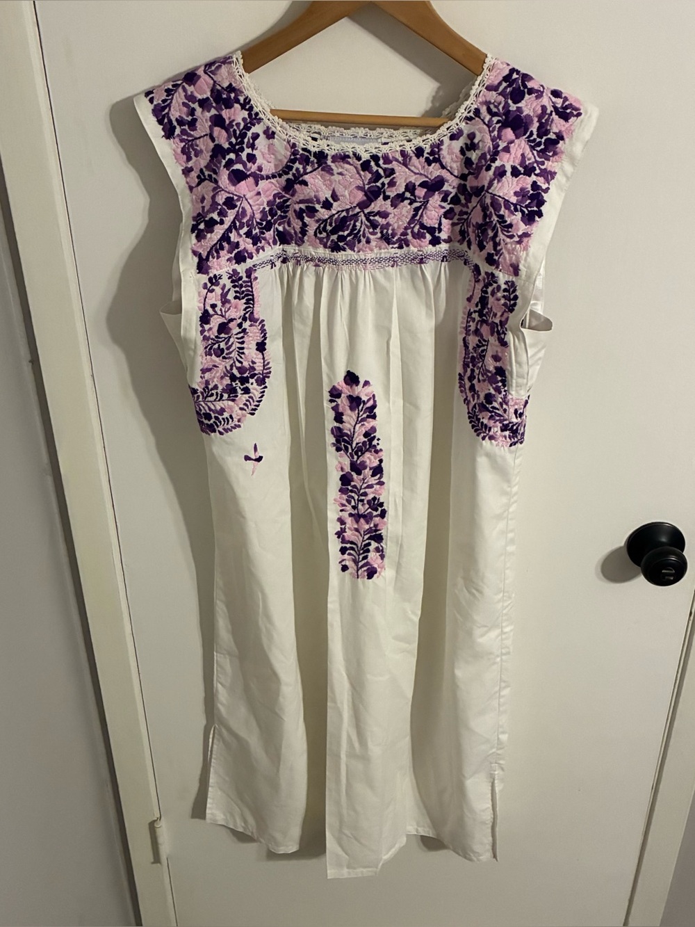 Mi Golondrina White Dress with Purple Floral Embroidery